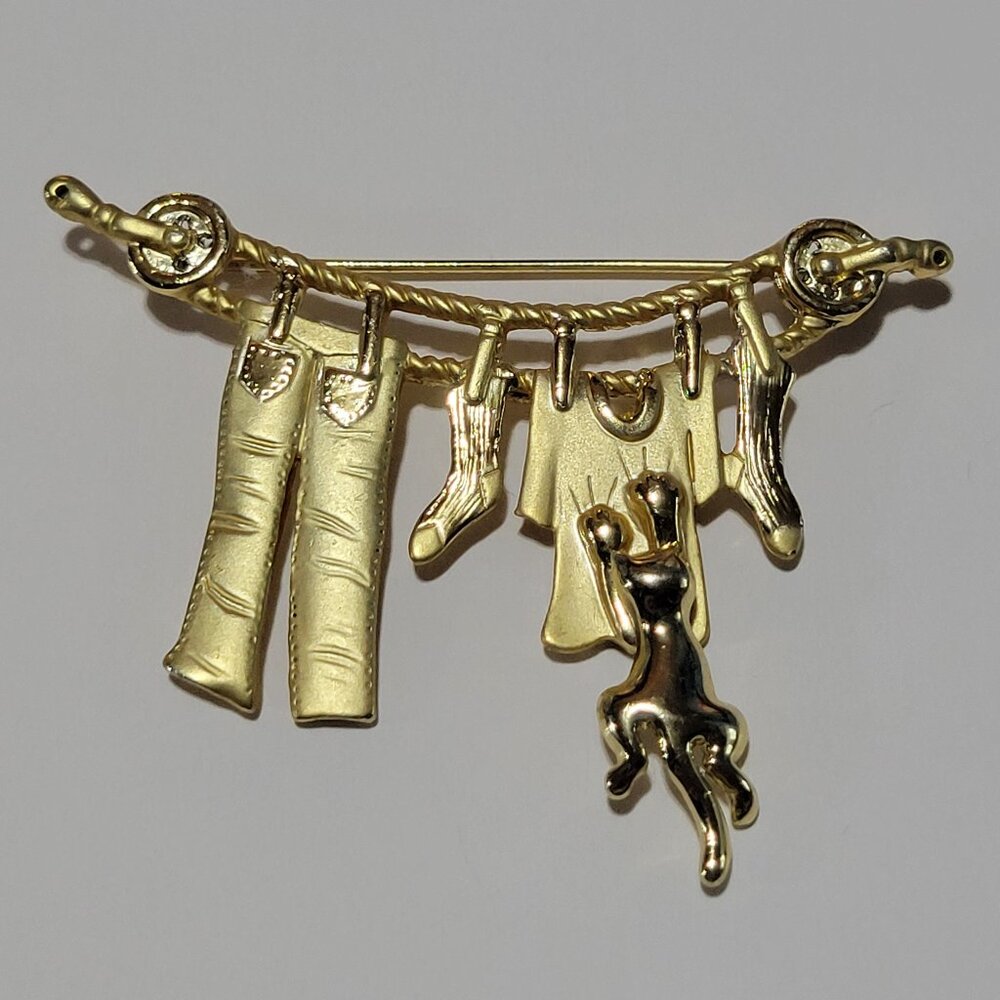 Vintage AJC Cat Dangling Clothesline Brooch Pin Brushed Gold Tone Cat Lady Kitty